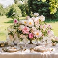 Holiday tablescape, formal dinner table setting, peony flowers table scape with peonies decoration for wedding party and event Royalty Free Stock Photo