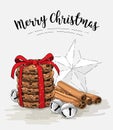 Holiday theme, stack of brown cookies, cinnamon sticks, jingle bells and abstract white star, illustration