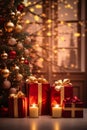 Holiday-themed still life with candles, Christmas decorations, and gifts, cozy intimacy feeling - Generative AI