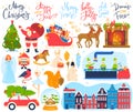 Holiday toys, merry christmas, santa character, colorful set winter elements, cartoon style vector illustration Royalty Free Stock Photo