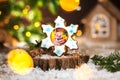 Holiday traditional food bakery. Gingerbread blue snowflake with pig portrait inside in cozy warm decoration with garland lights