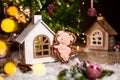 Holiday traditional food bakery. Gingerbread funny piggy in cozy warm decoration with garland lights