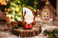 Holiday traditional food bakery. Gingerbread little fairytale gnome in cozy decoration with garland lights