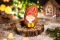Holiday traditional food bakery. Gingerbread little fairytale gnome in cozy decoration with garland lights