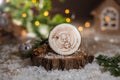 Holiday traditional food bakery. Gingerbread lucky Pig in cozy warm decoration with garland lights