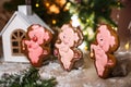 Holiday traditional food bakery. Three Gingerbread funny piggy in cozy warm decoration with garland lights