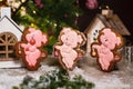 Holiday traditional food bakery. Three Gingerbread funny piggy in cozy warm decoration with garland lights