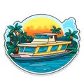 Holiday travel on a boat. Rent a motor boat. Cartoon vector illustration. label, sticker