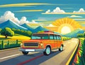 Holiday Travel Series - Colorful Abstract Art Vector Image of Car Road Trip