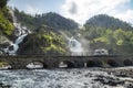 Holiday trip in motorhome, Caravan car Vacation. RV traveling on the road Latefossen Waterfall Odda Norway. Latefoss is a powerful