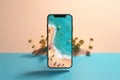 sand creative mock up holiday concept cyber phone summer palm sea. Generative AI.