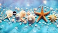 holiday turquoise background with seashells and starfish