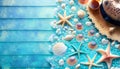 holiday turquoise background with seashells and starfish