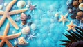 holiday turquoise background with seashells and starfish