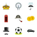 Holiday in United Kingdom icons set, flat style Royalty Free Stock Photo