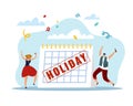 Holiday or vacation. People celebrate end of week. Paper calendar and confetti. Man and woman dance. Cheerful persons