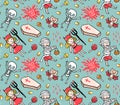 Holiday vector background with skeleton, zombie and bat.