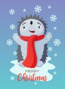 Holiday vector christmas card with cute flat hedgehog animal character