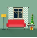 Holiday vector concept illustration in flat style. Christmas interior. Living room. Royalty Free Stock Photo