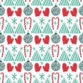 Holiday vector pattern. Santa mitterns, christmas trees and balls, candy can and snowflake elements on wite background. Royalty Free Stock Photo
