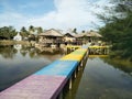 Holiday, Water Park, Evening View, Natural Panorama, Wooden Bridge, Village, Outbond, Spot Fishing, North Sumatera. Royalty Free Stock Photo