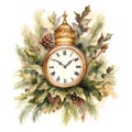 Holiday watercolor illustration old golden retro clock with evergreen cone pine and leaves branch on white background Royalty Free Stock Photo