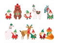 Holiday winter characters. Christmas dwarfs with animals in knit hats and scarves. Isolated scandi cartoon man with