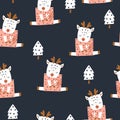 Holiday winter pattern with cartoon festive cute deer in gift boxes. Seamless xmas texture.Vector illustration