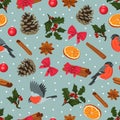 Holiday winter seamless pattern. Seamless pattern with birds, spices, holly and bows