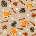 Holiday winter seamless pattern. Seamless pattern with cones, cinnamon, oranges and anise