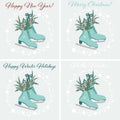 Holiday winter skating banner set. Figure skates. Lettering Hello Winter, Merry Christmas, Happy New Year. Set of winter cards Royalty Free Stock Photo