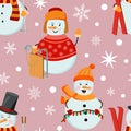 Holiday winter snowmen seamless pattern on pink background Royalty Free Stock Photo
