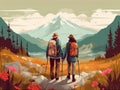 woman trekking man summer couple hike camping illustration tent nature vacation forest. Generative AI.