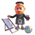 Holidaying Scottish man in kilt with deckchair and drink, 3d illustration Royalty Free Stock Photo