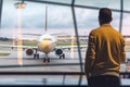 Holidaymaker in a departure lounge standing in front of large window area overlooking a plane about to take off. Generative AI