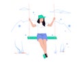 Holidays and adventures. Woman is playing on the swing. Character concept isolated in flat style. Vector illustration