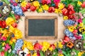Holidays background with chalkboard. Spring flowers and easter e