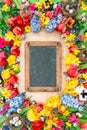 Holidays background chalkboard. Spring flowers easter eggs
