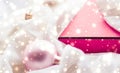 Christmas magic holiday background, festive baubles, pink vintage gift box and golden glitter as winter season present for luxury Royalty Free Stock Photo