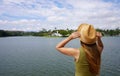 Holidays in Brazil. Young tourist woman on Pampulha Lake in Belo Horizonte, UNESCO World Heritage Site, Minas Gerais, Brazil Royalty Free Stock Photo