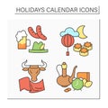 Holidays calendar color icons set