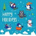 Holidays card with cute cartoon penguins Royalty Free Stock Photo