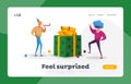 Holidays Celebration Landing Page Template. Cheerful Men Characters in Funny Hat and Periwig Celebrate Holiday