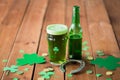 Glass of green beer, horseshoe and gold coins Royalty Free Stock Photo