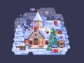 Holidays Christmas Village Night Scene with Church Royalty Free Stock Photo