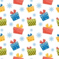 Holidays colorful seamless pattern with box gifts and snowflake.