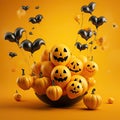 Holidays, decoration and party concept - scary air balloons for halloween over yellow background Royalty Free Stock Photo