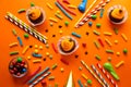 Holidays, decorations and party concept - Halloween cupcakes and candies Royalty Free Stock Photo