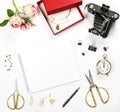 Holidays flat lay gift box vintage camera rose flowers Royalty Free Stock Photo