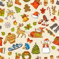 Holidays funny pictures. Vector seamless pattern with christmas icons